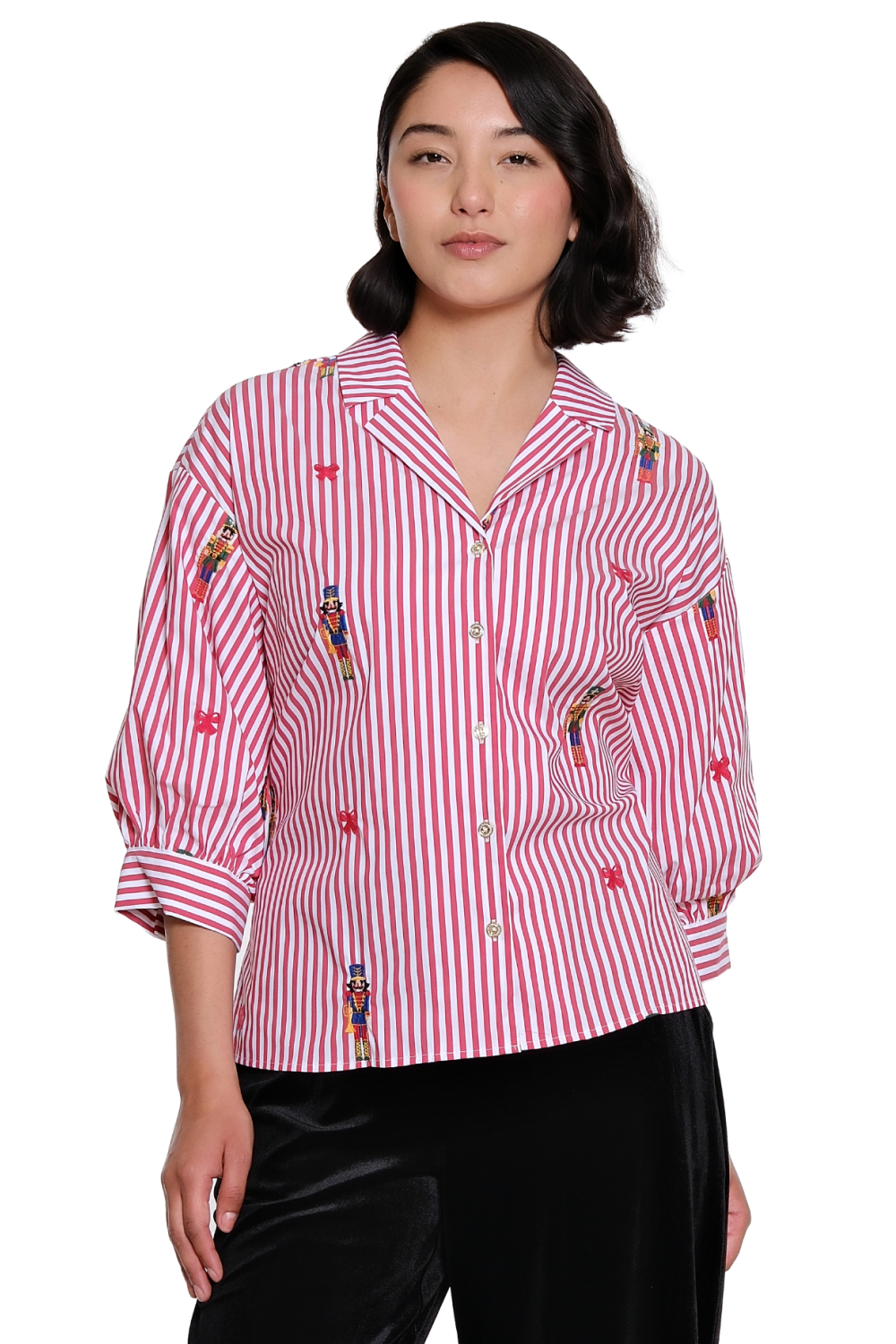Red Stripe Embroidered Button Up Shirt with 3/4 Sleeve