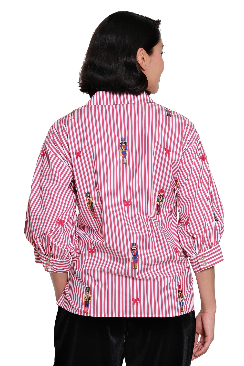Red Stripe Embroidered Button Up Shirt with 3/4 Sleeve