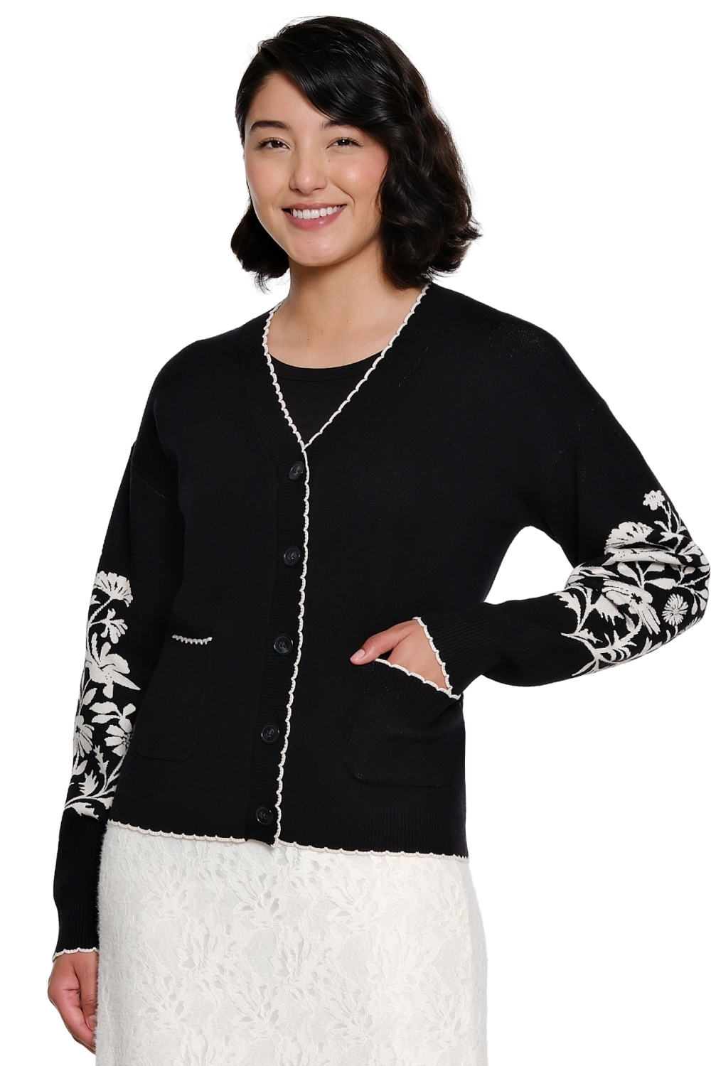 Black/White Jacquard Bouquet Cardigan