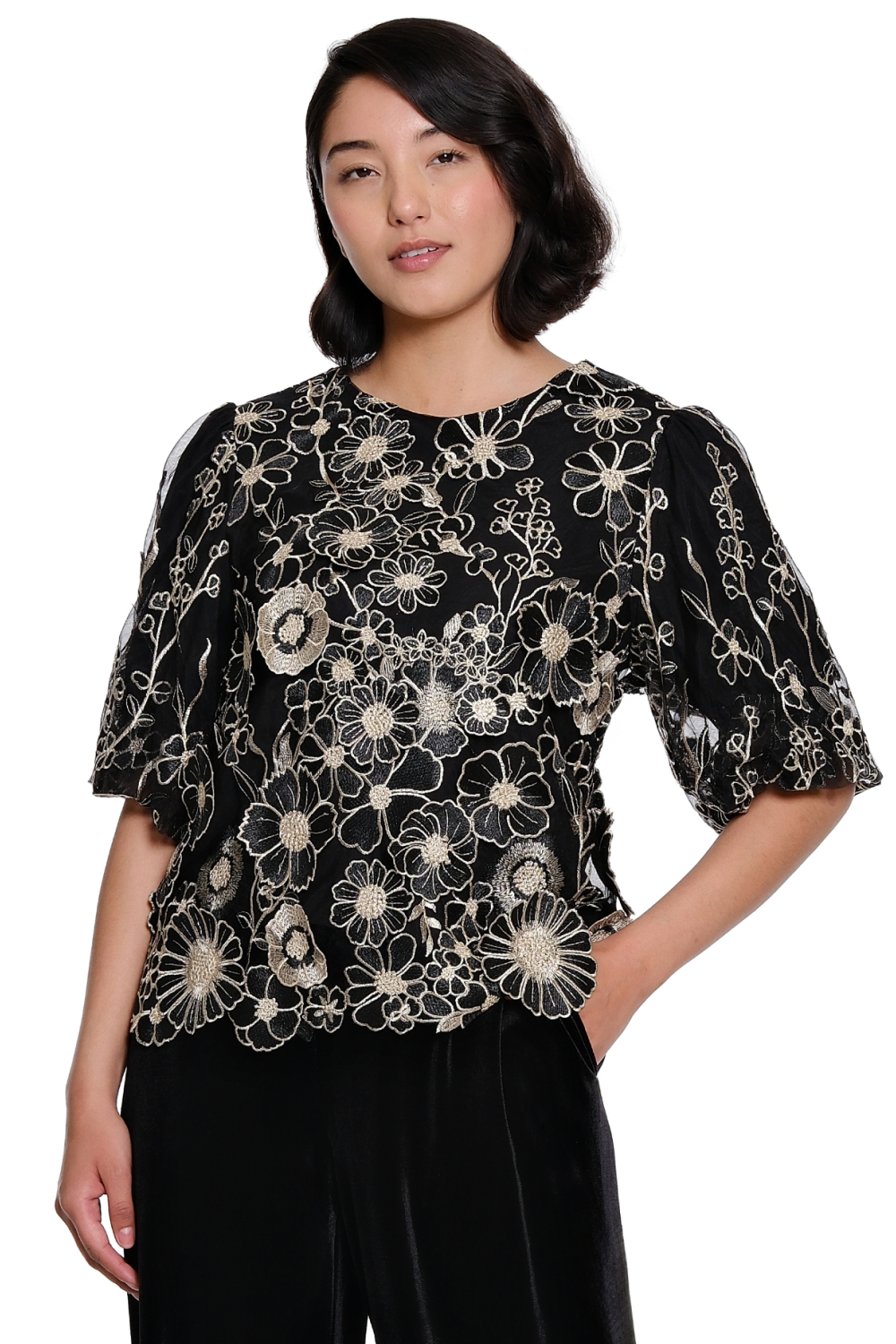 Black Lace Puff Sleeve Top