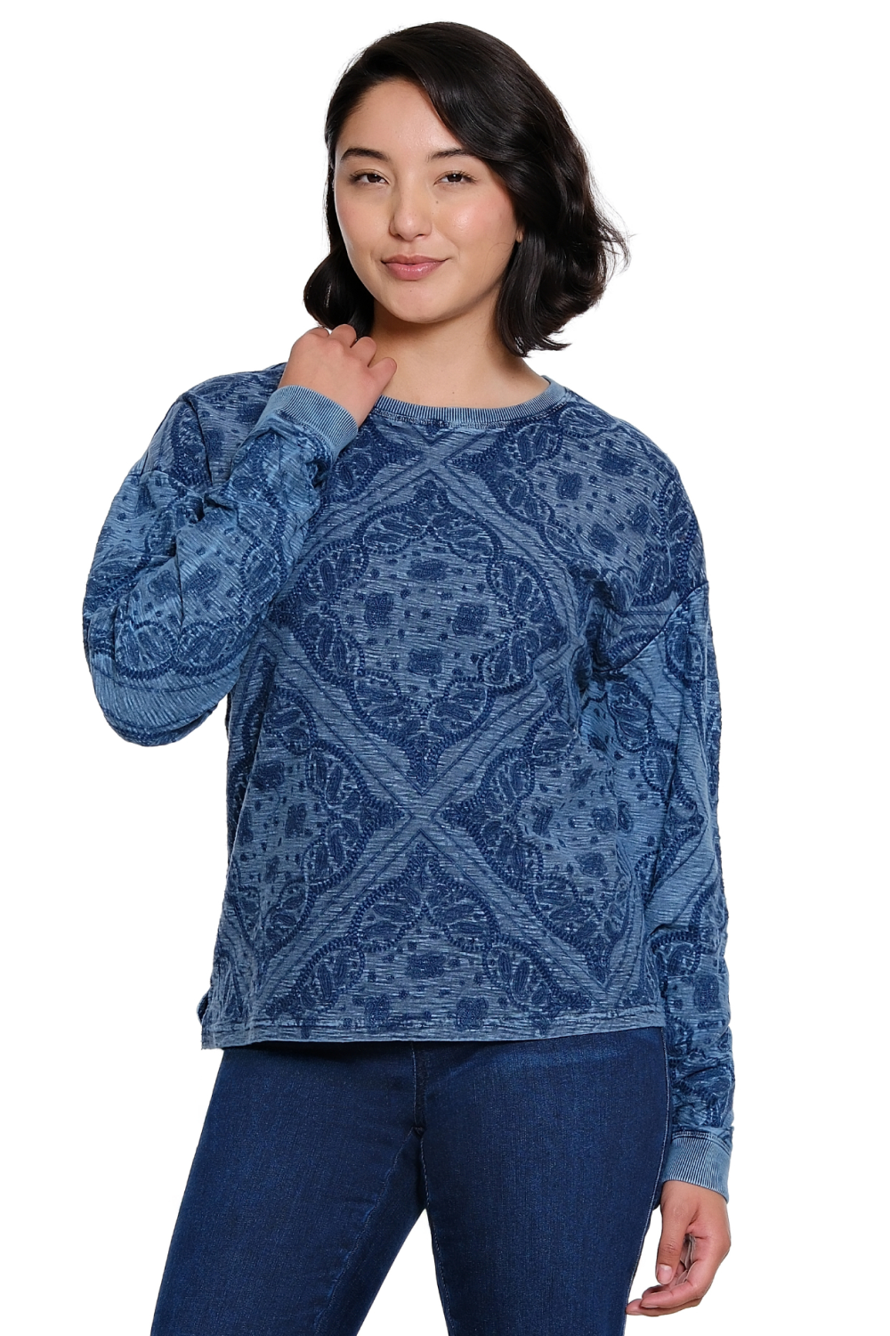 Indigo Embroidered Long Sleeve Top