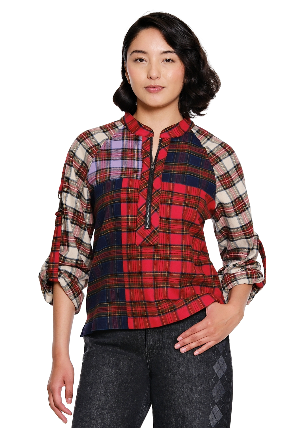 Plaid Multi Zip Front Shirt with Stand Collar