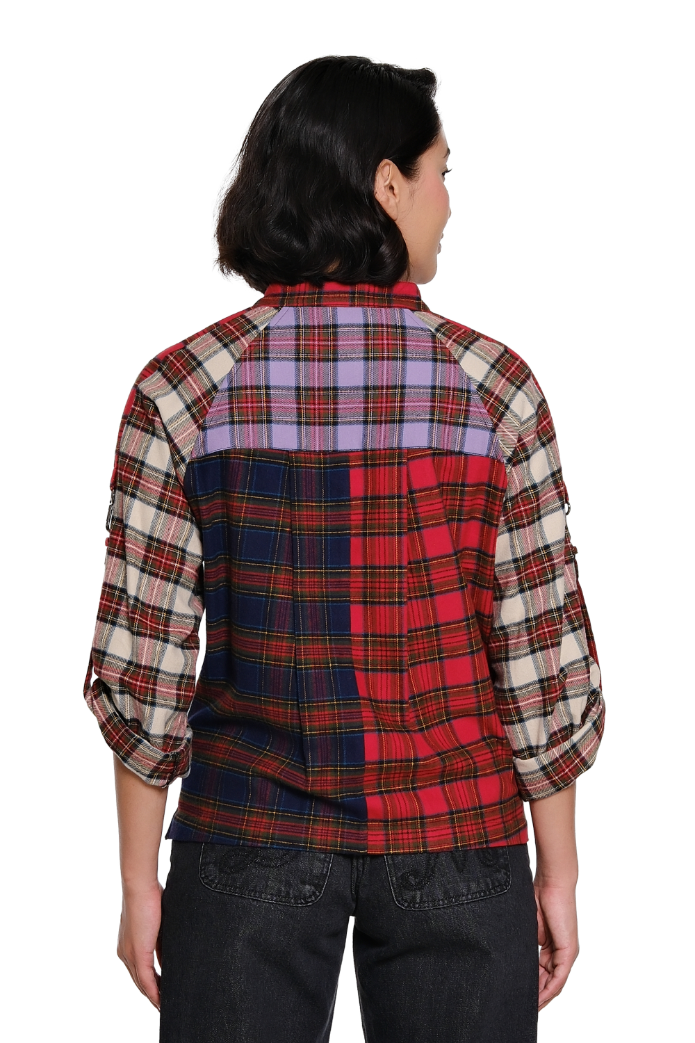 Plaid Multi Zip Front Shirt with Stand Collar