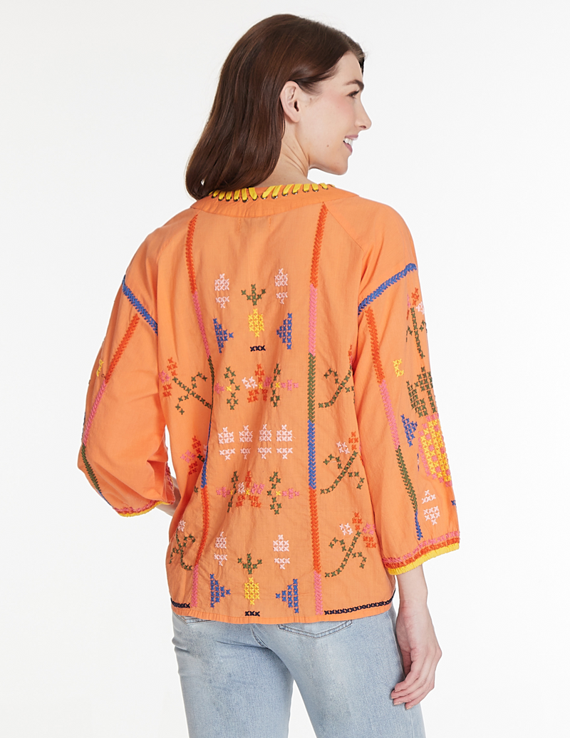 Embroidered Split Neck Top with Grommets - Multi