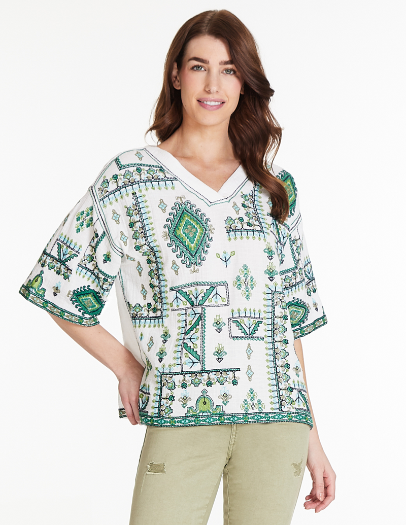 Folkloric Embroidered V-Neck Top - White