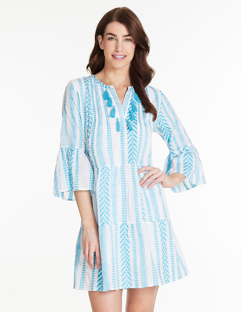 Tiered Dress with Tassel Trim - Turquoise