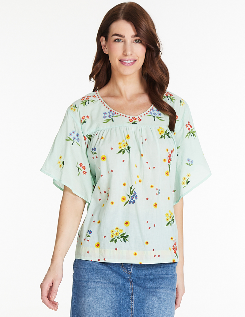 Embroidered Print Top - Aqua