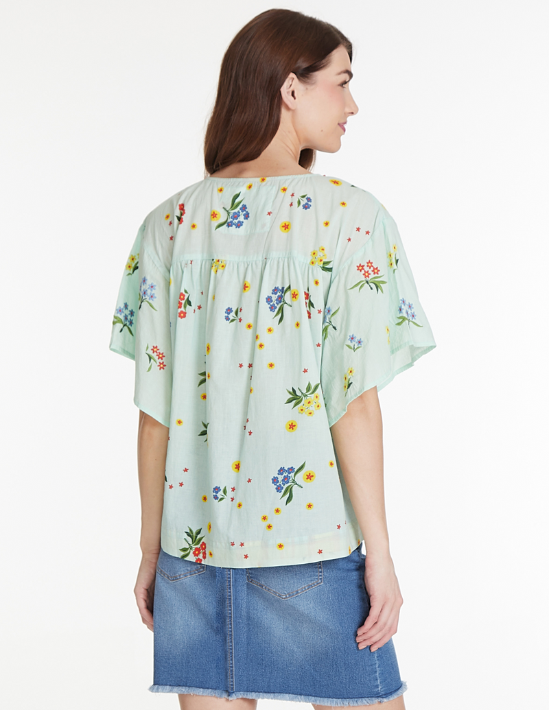 Embroidered Print Top - Aqua