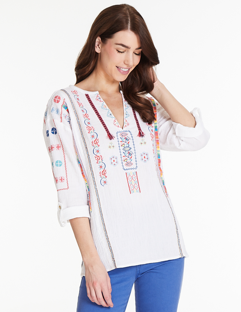 Embroidered Henley Top - White