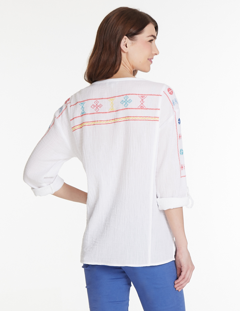 Embroidered Henley Top - White