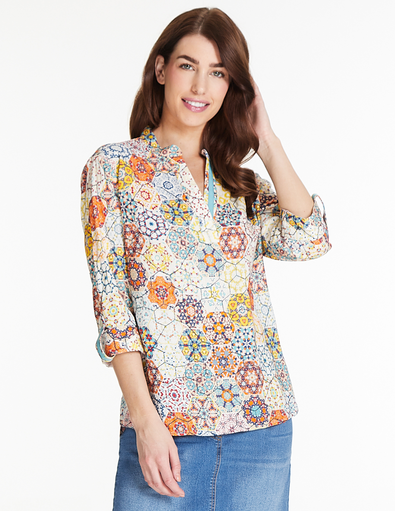 Roll Sleeve Popover Top - Multi
