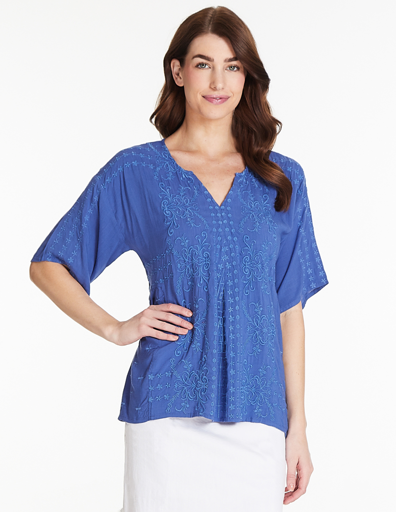 Embroidered Notch Neck Top - Blue