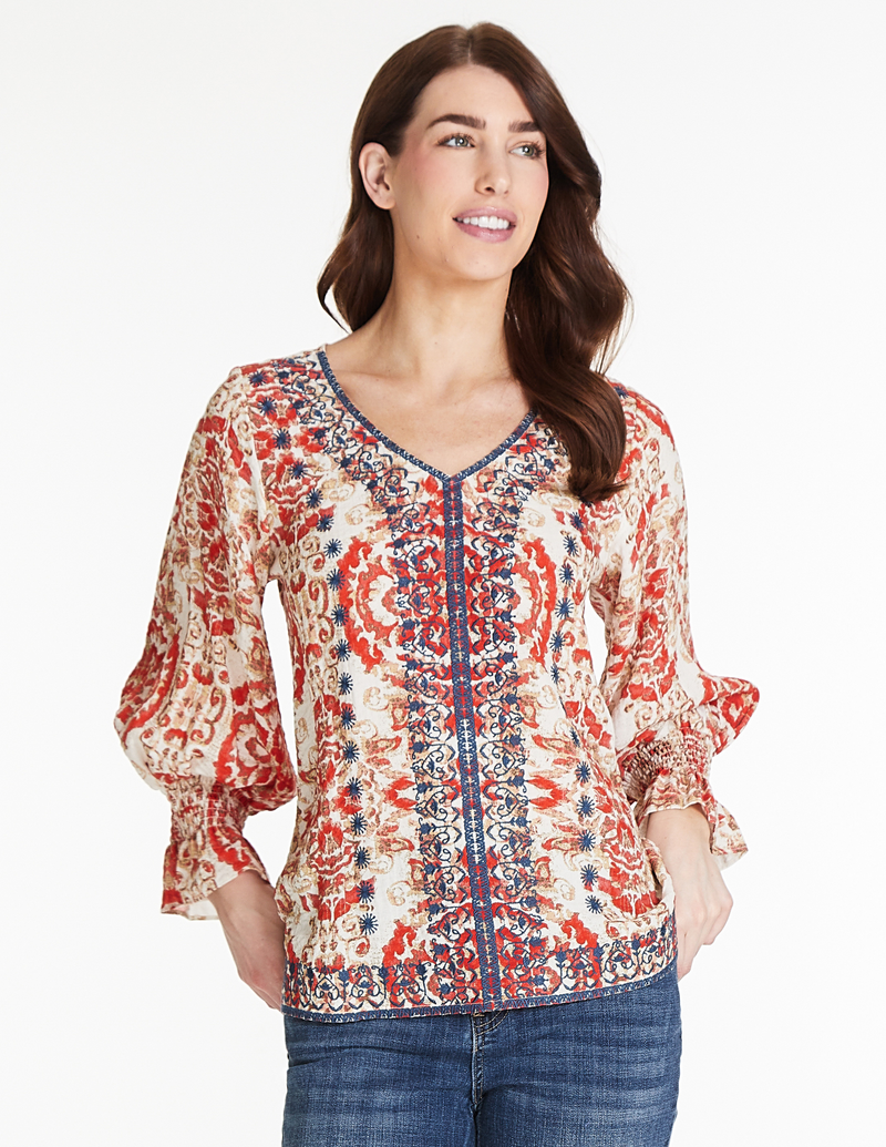 Smocked Cuff Print Top - Multi