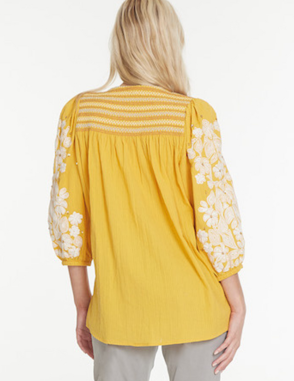 Smocked V-Neck Top- Gold