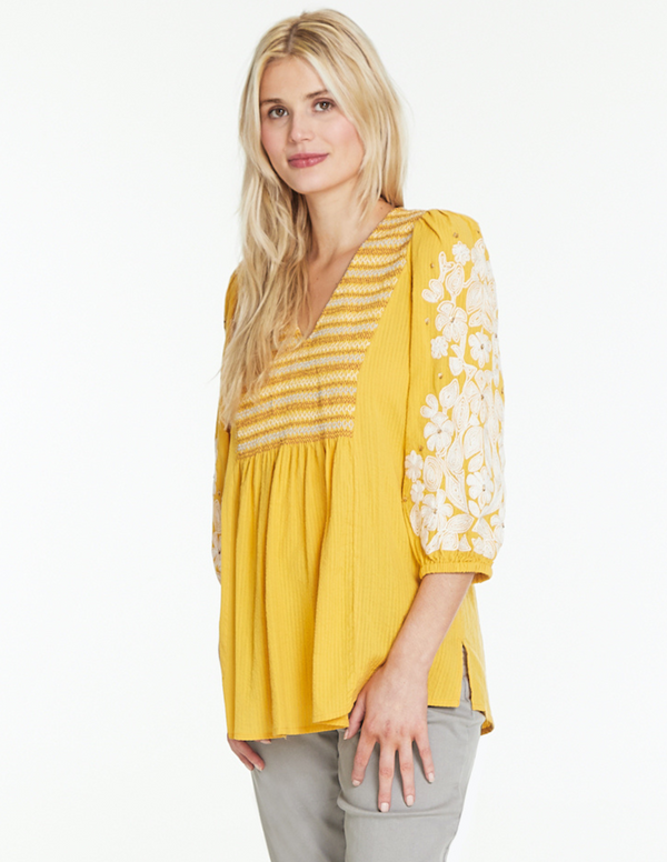 Smocked V-Neck Top- Gold