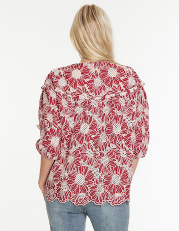Floral Y-Neck Top- Garnet