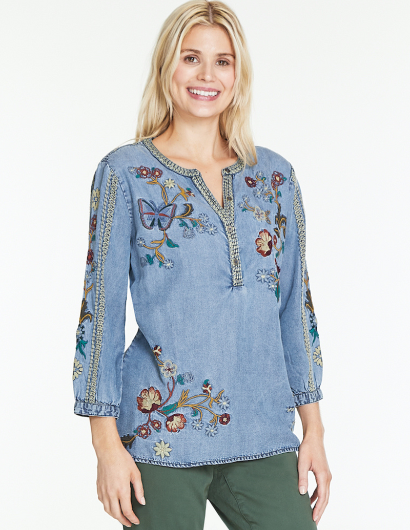 Henley Embroidered Long Sleeve- Multi