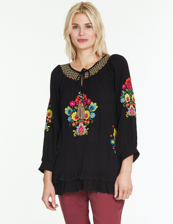 Embroidered Peasant Top- Black