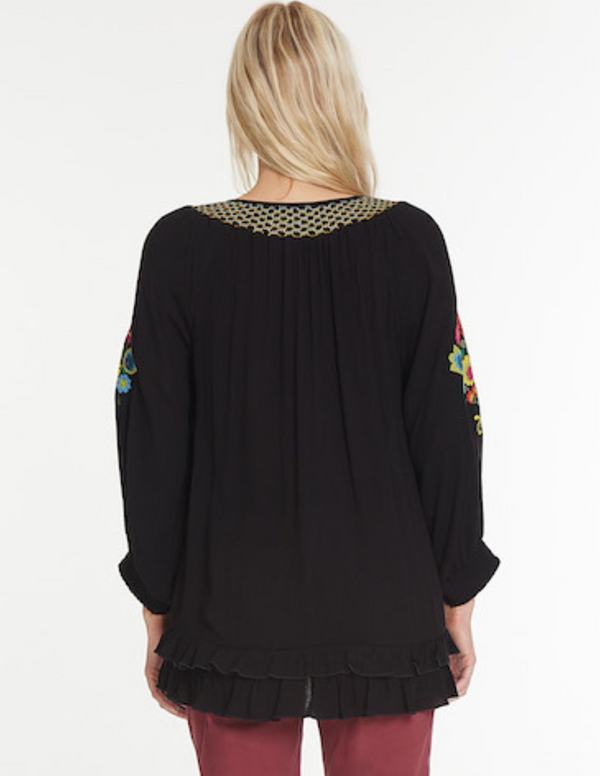 Embroidered Peasant Top- Black