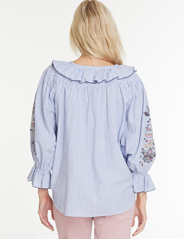Embroidered Ruffle Top - Blue Stripe