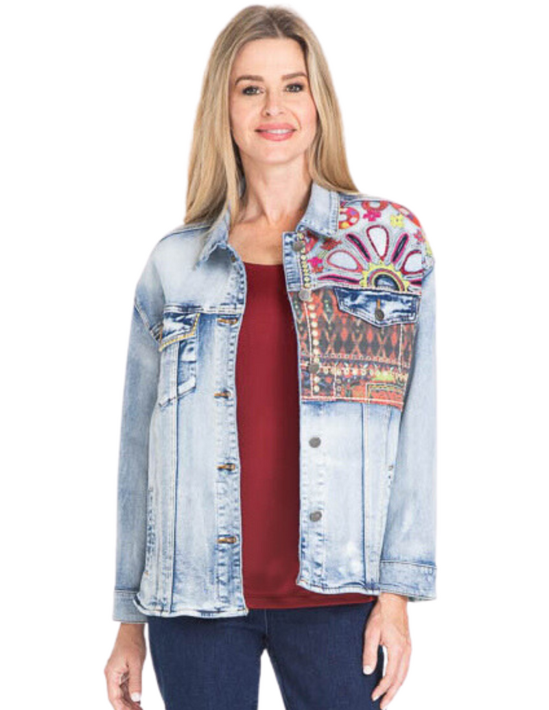 Embroidered and Patch Denim Jacket - Indigo