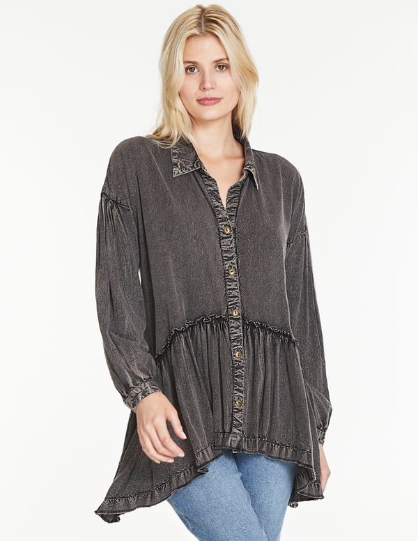 Button Up Peplum Top - Grey