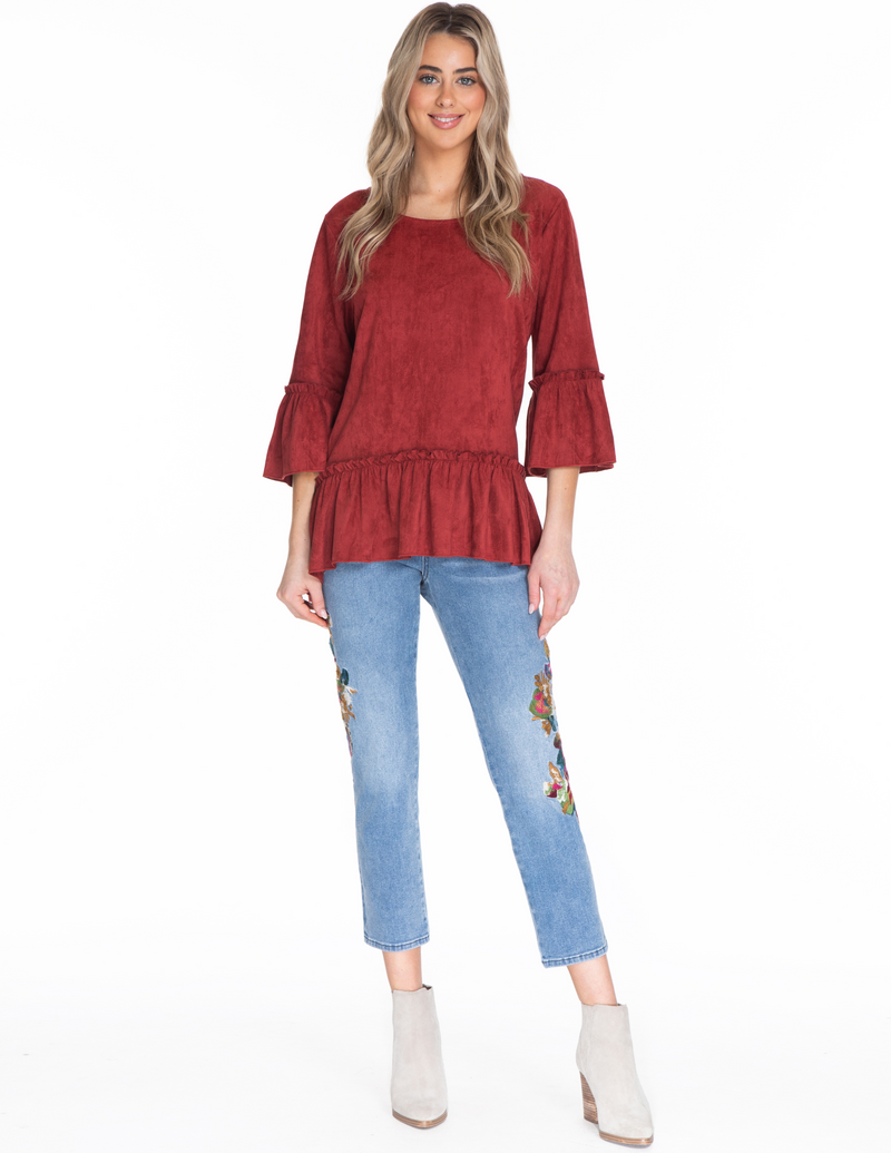 Faux Suede Peplum Top - Spice