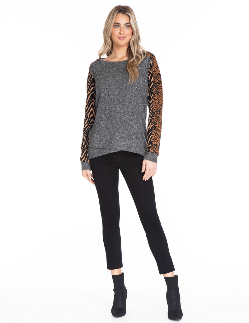 Mixed Print Knit Top - Charcoal