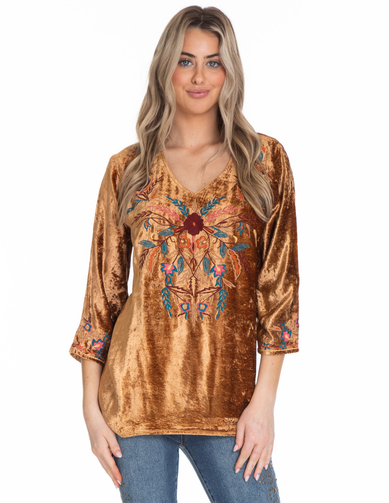 Embroidered Velvet Top - Bronze