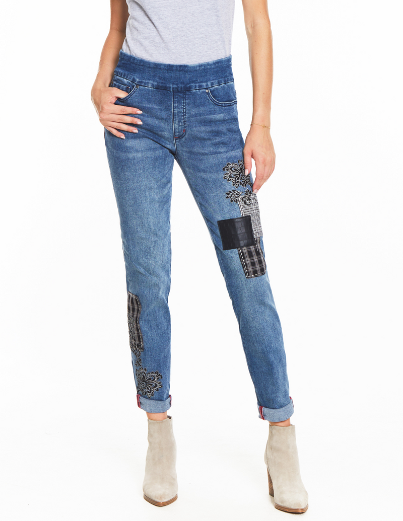 Embroidered Patch Jean - Medium Indigo