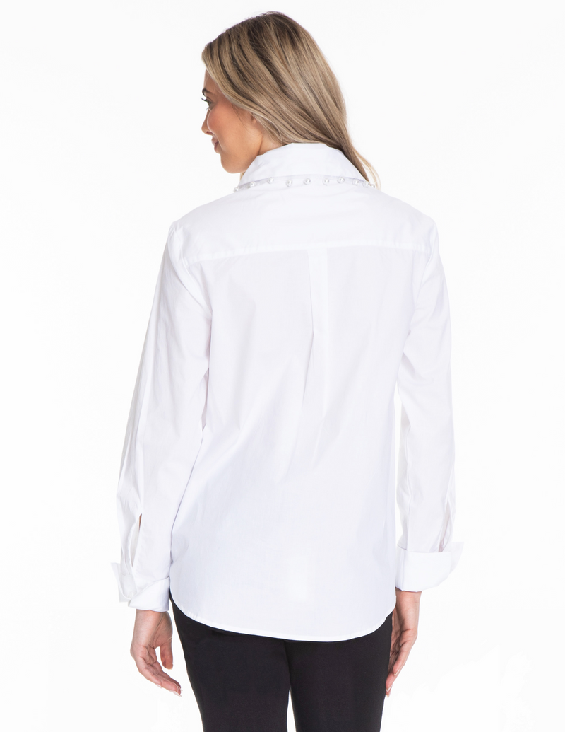 Button Up Shirt with Pearl Detail - White