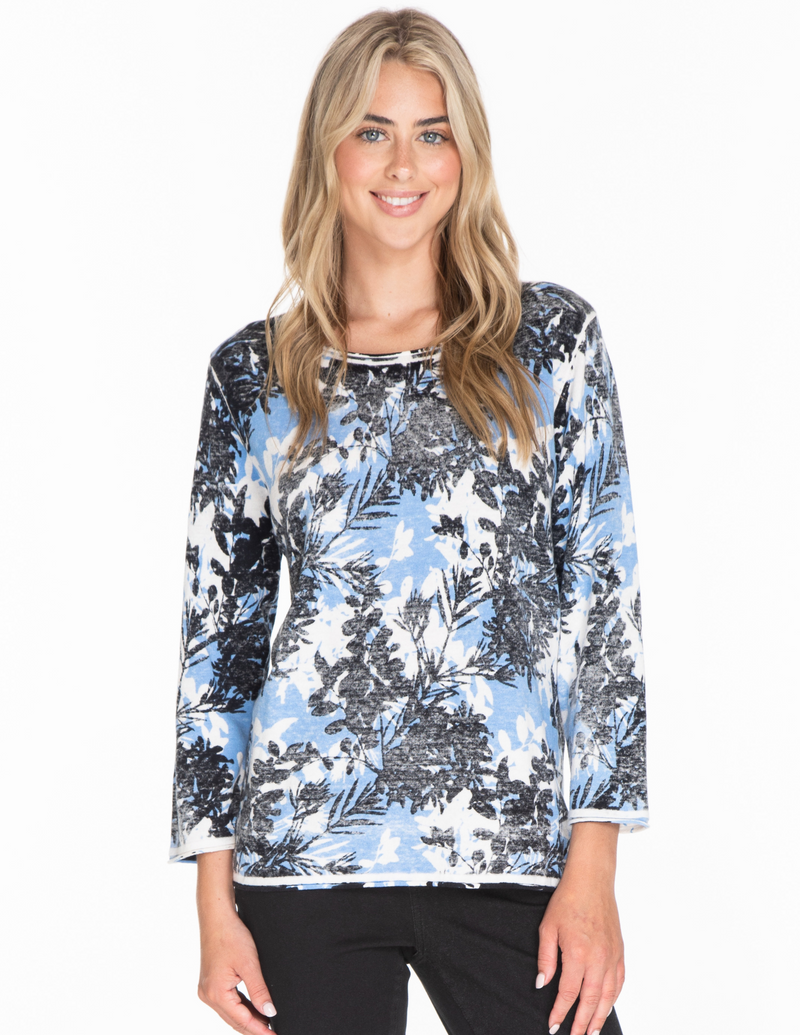 REVERSE PRINTED PULLOVER KNIT TOP - Blue