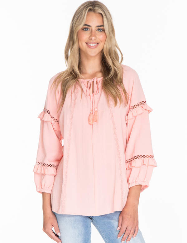 TIE NECK TOP W/ LACE AND RUFFLES - Light Pink