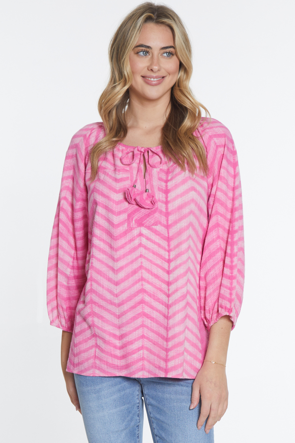 Tie Neck Patchwork Peasant Top - Pink Print