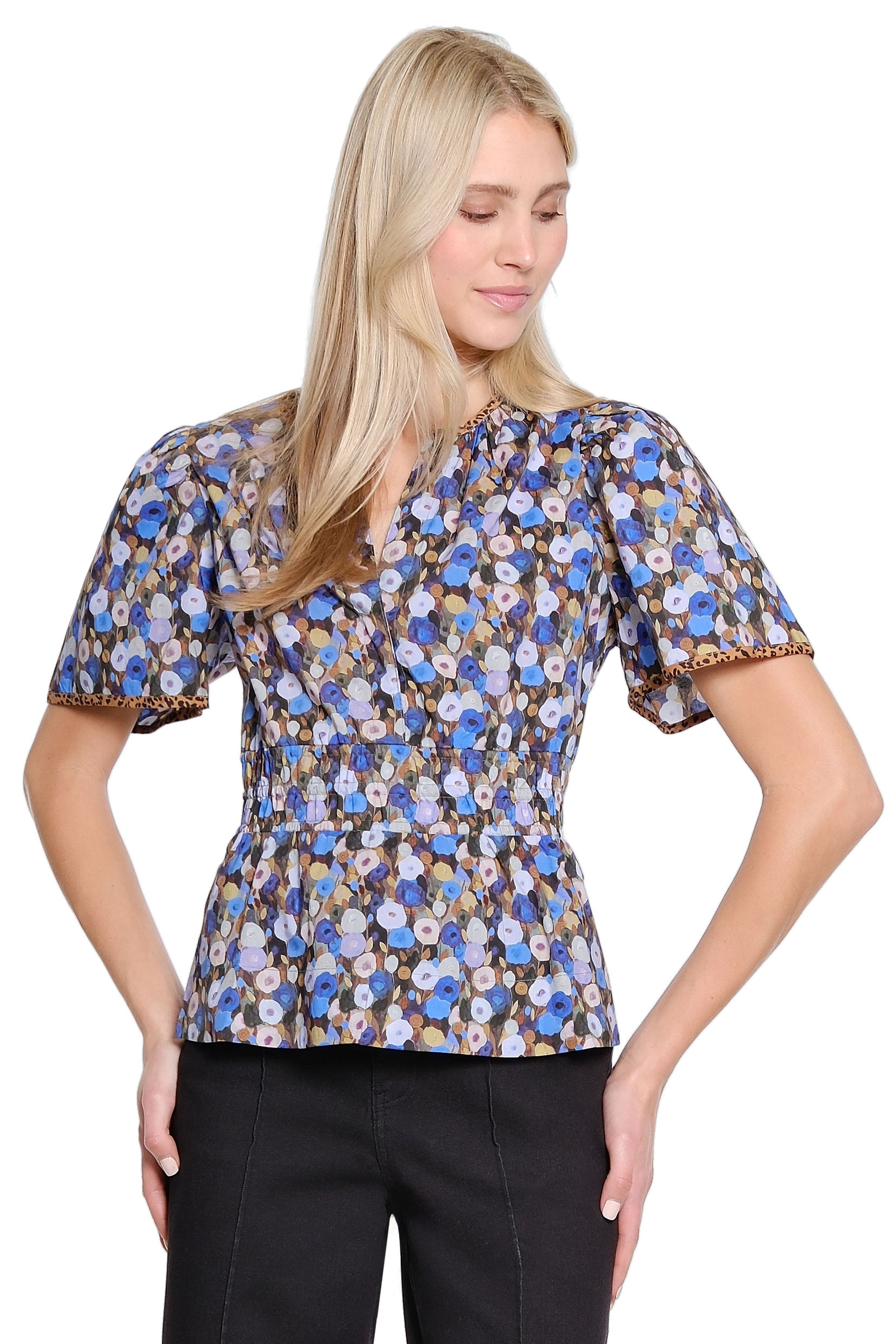 Split Neck Elastic Waist Print Top - Multi