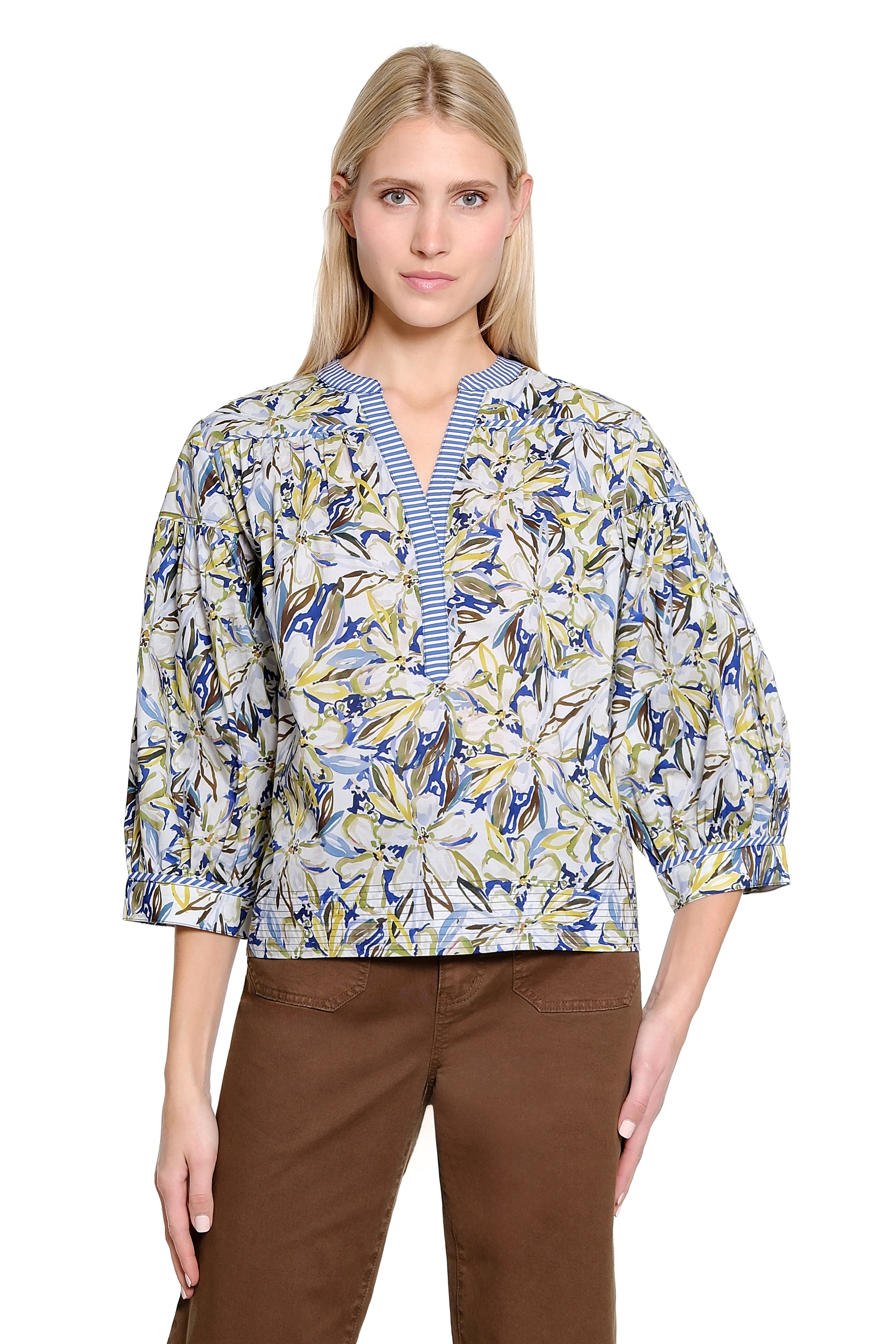 Print Split Neck Popover with Trapunto Stitch Hem - Multi