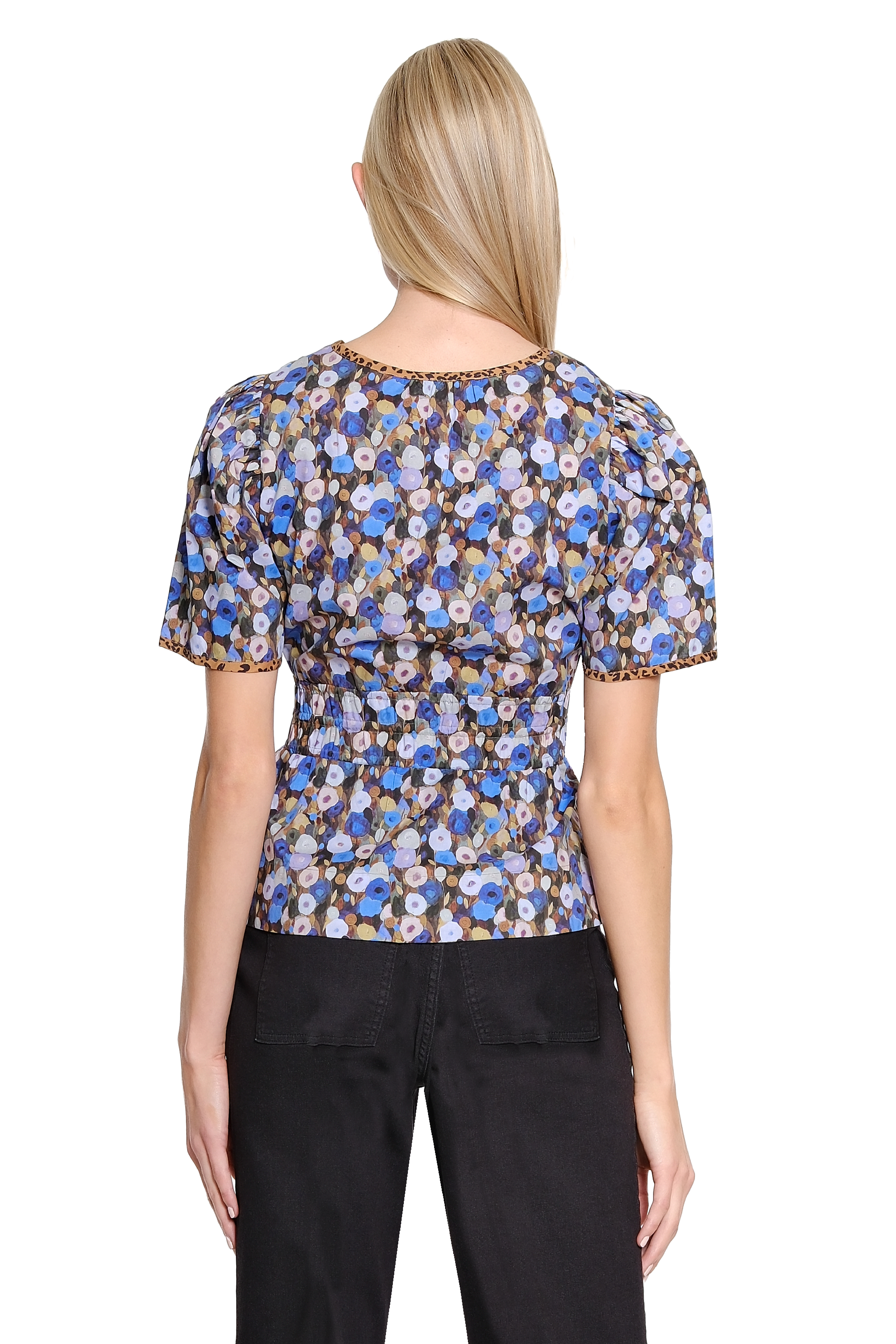 Split Neck Elastic Waist Print Top - Multi - view 2