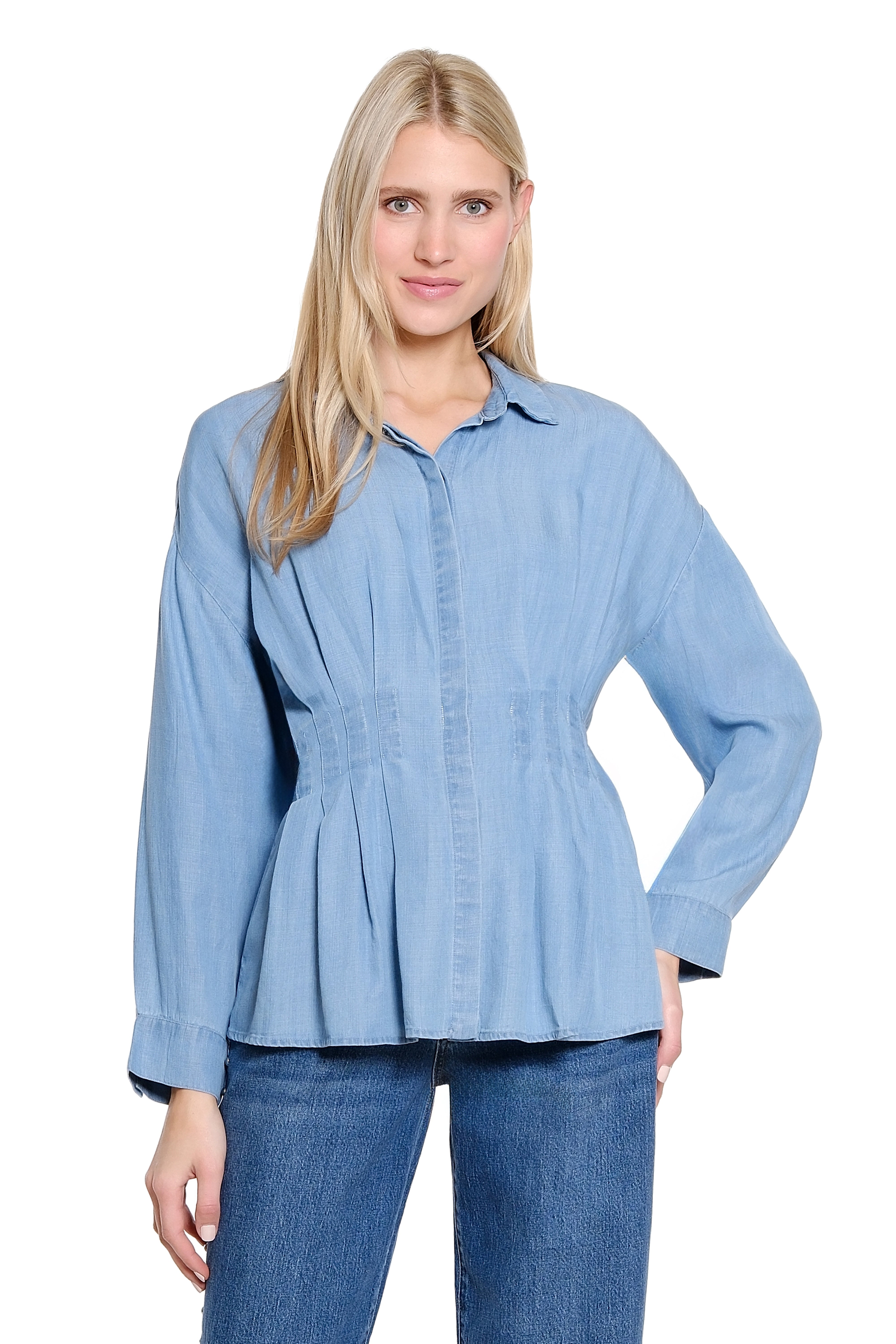 Tucked Waist Long Sleeve Button Up Shirt - Light Blue