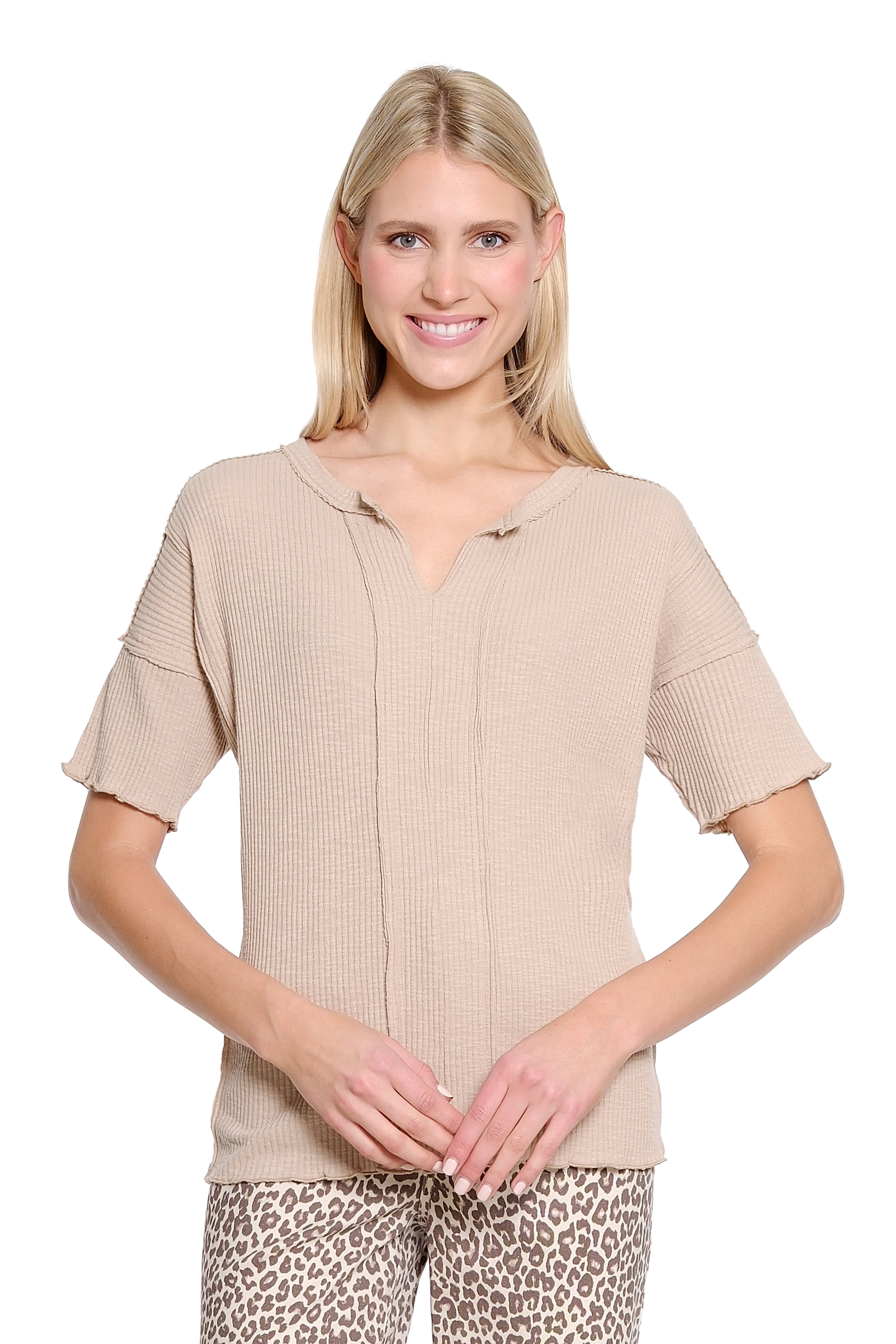Split Neck Knit Top with Lapped Seams - Natural