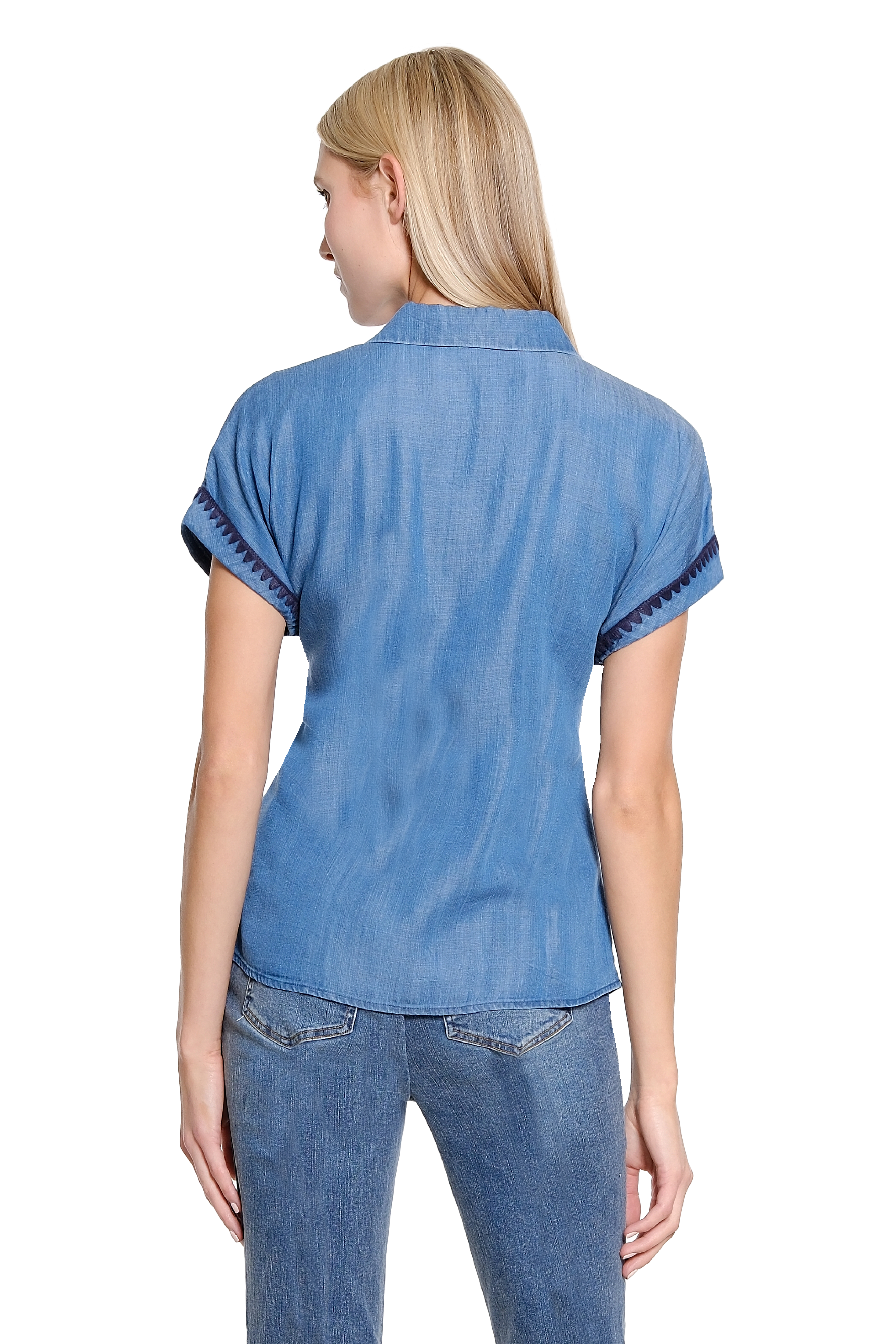 Chambray Tie Front Shirt with Crochet Trim - Medium Blue - view 2