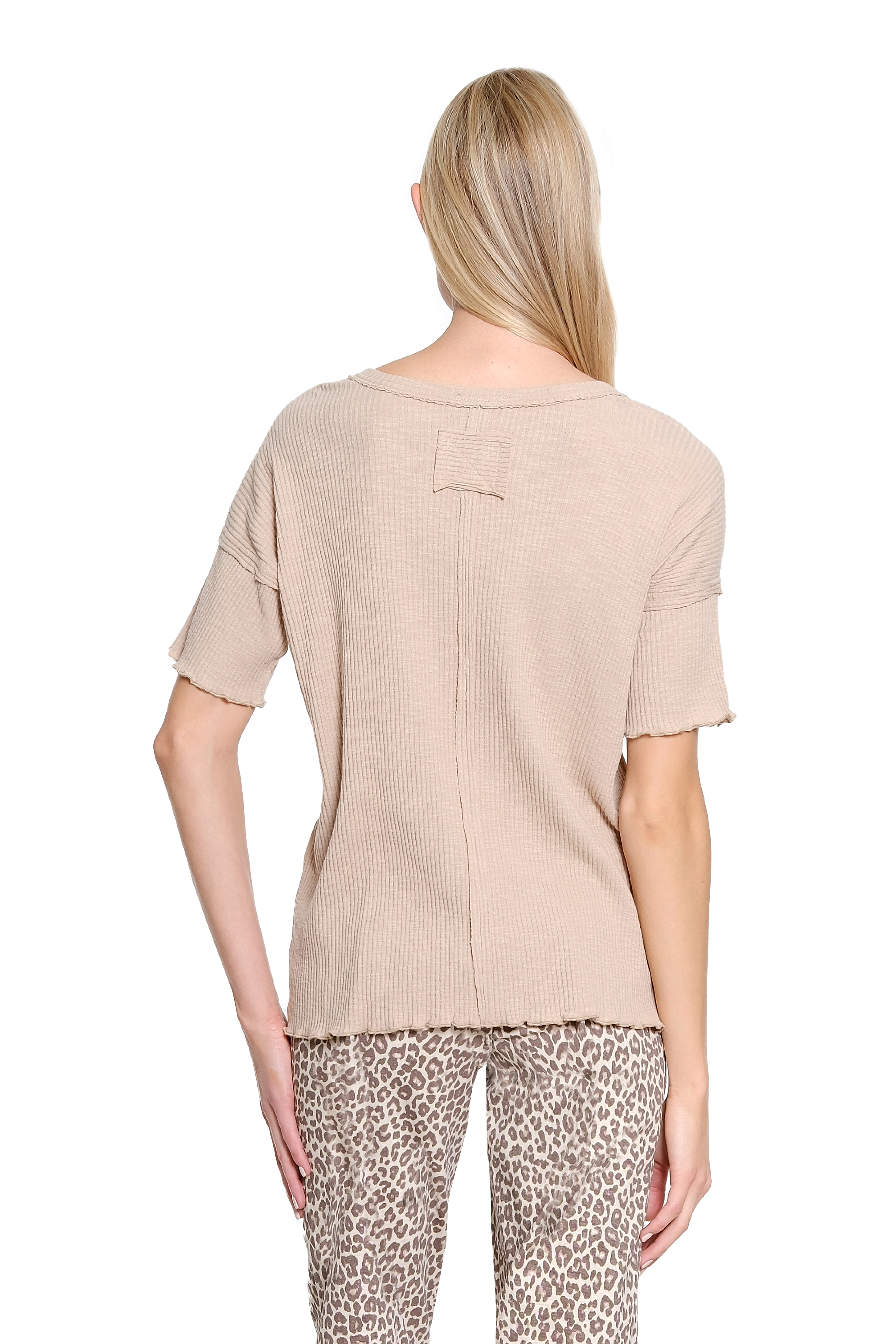 Split Neck Knit Top with Lapped Seams - Natural - view 2