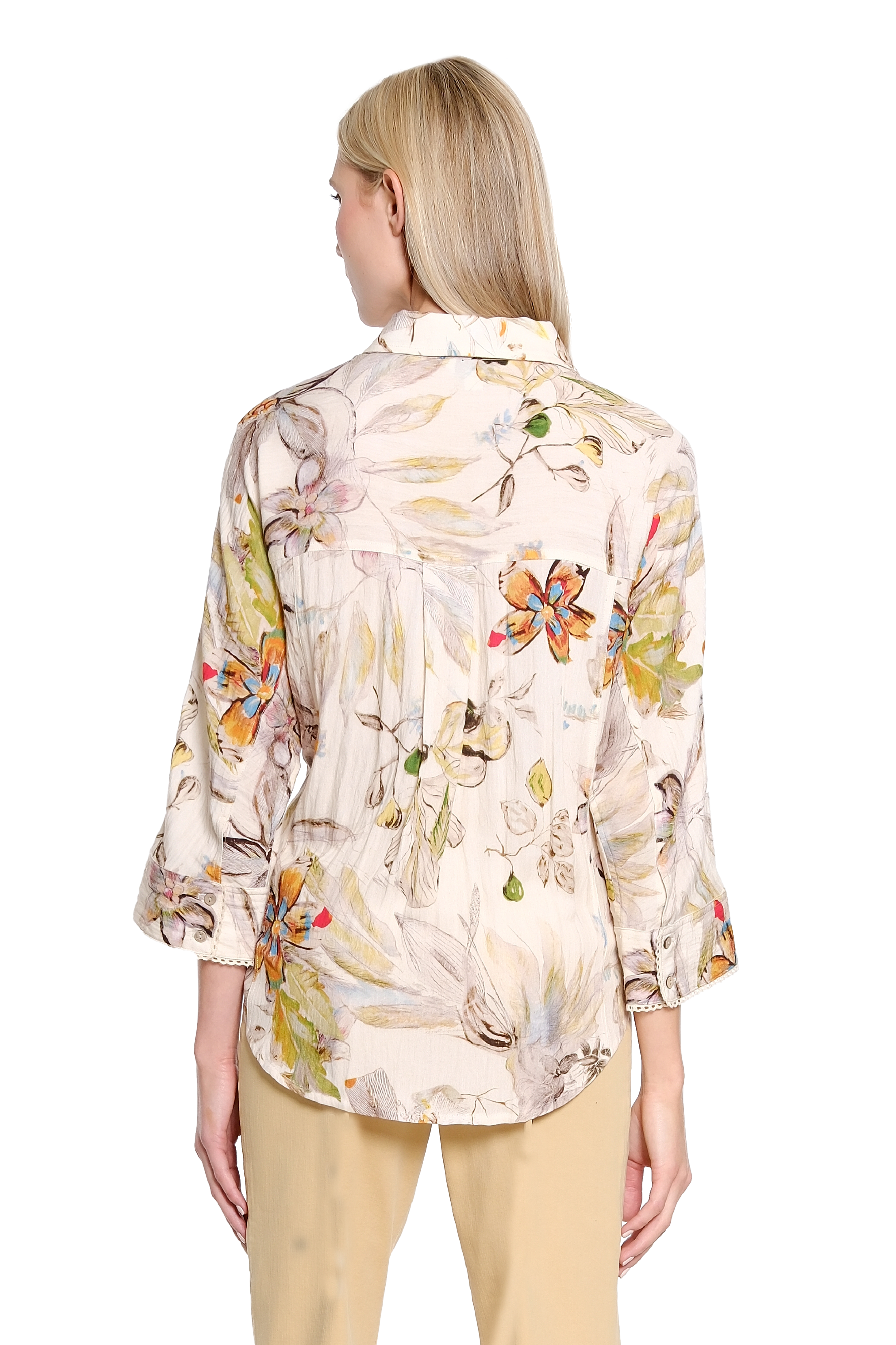 Print Button Up Blouse with Lace Edge Trim - Multi - view 2