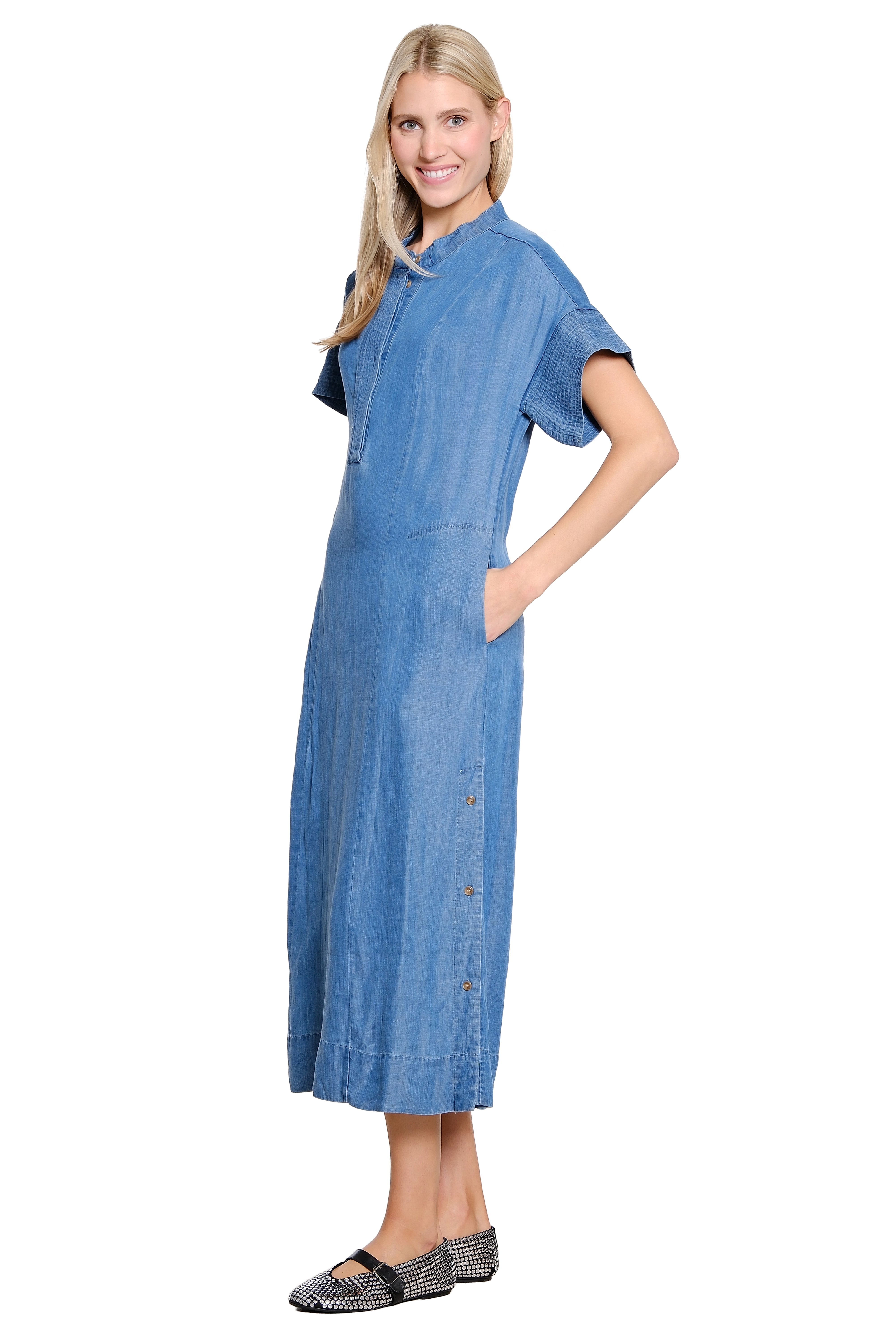 Pullover Dress with Button Closures and Trapunto Stitching - Medium Blue