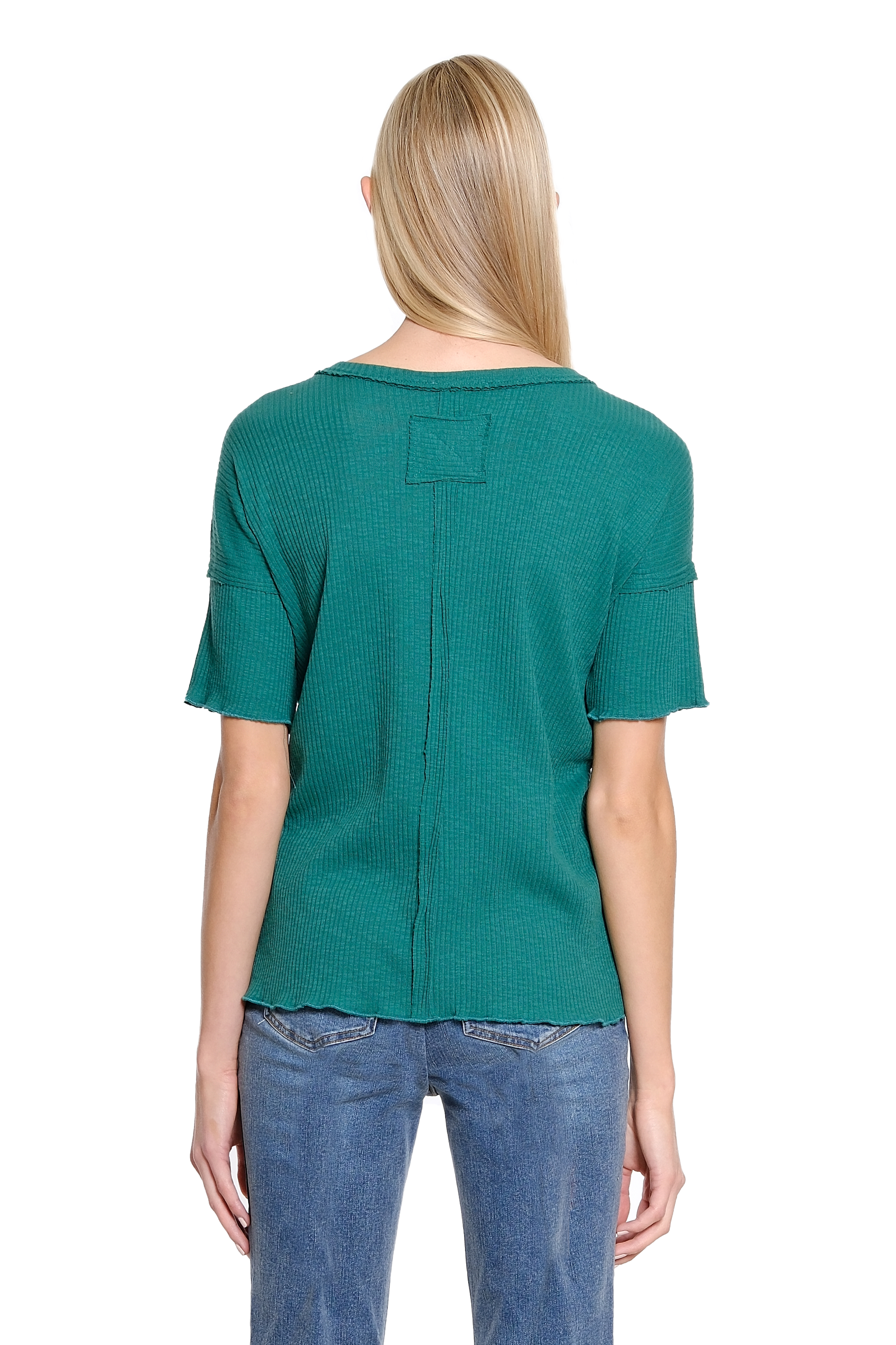 Split Neck Knit Top with Lapped Seams - Green - view 2