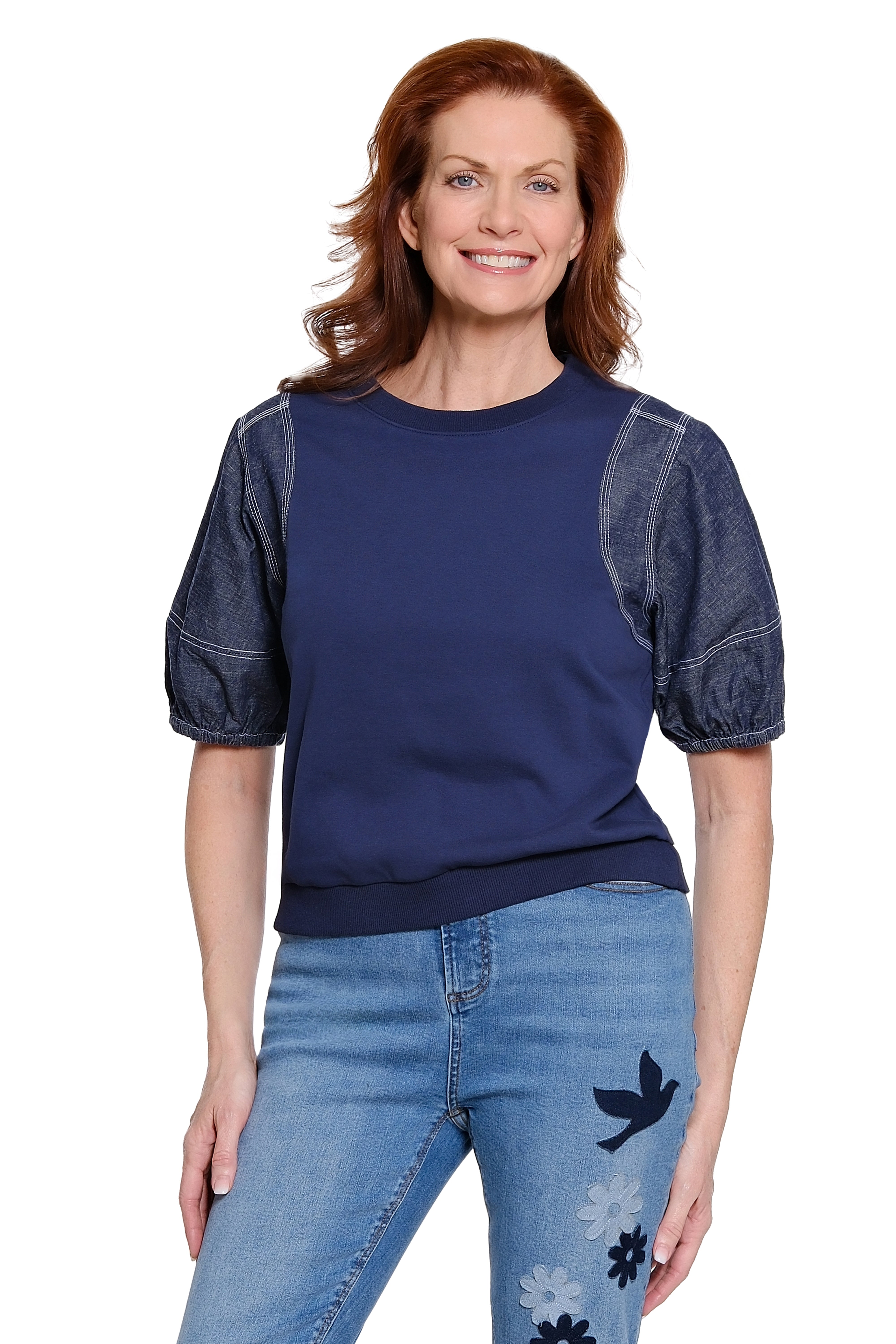 Knit Top Popover with Denim Sleeves - Medium Blue