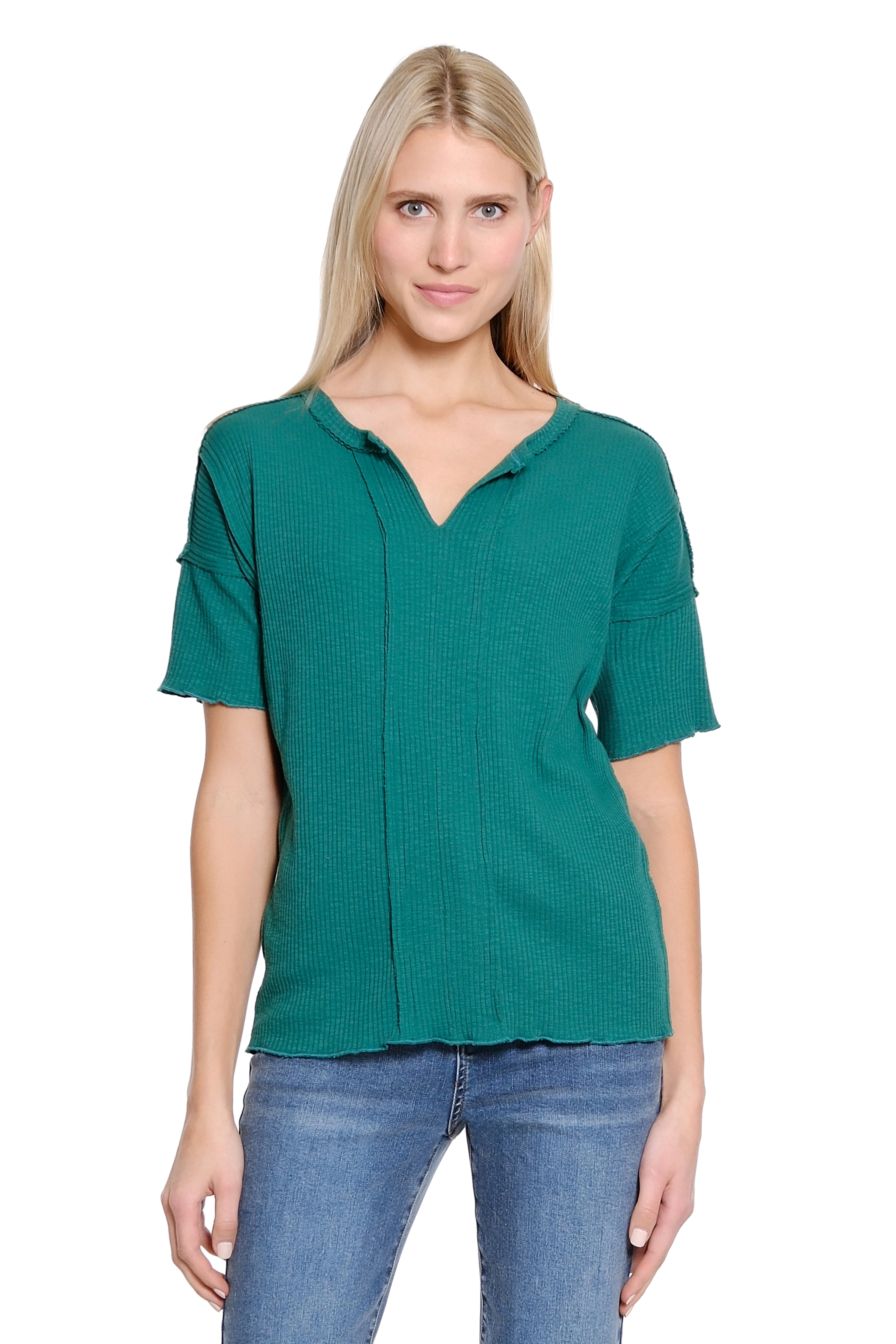 Split Neck Knit Top with Lapped Seams - Green