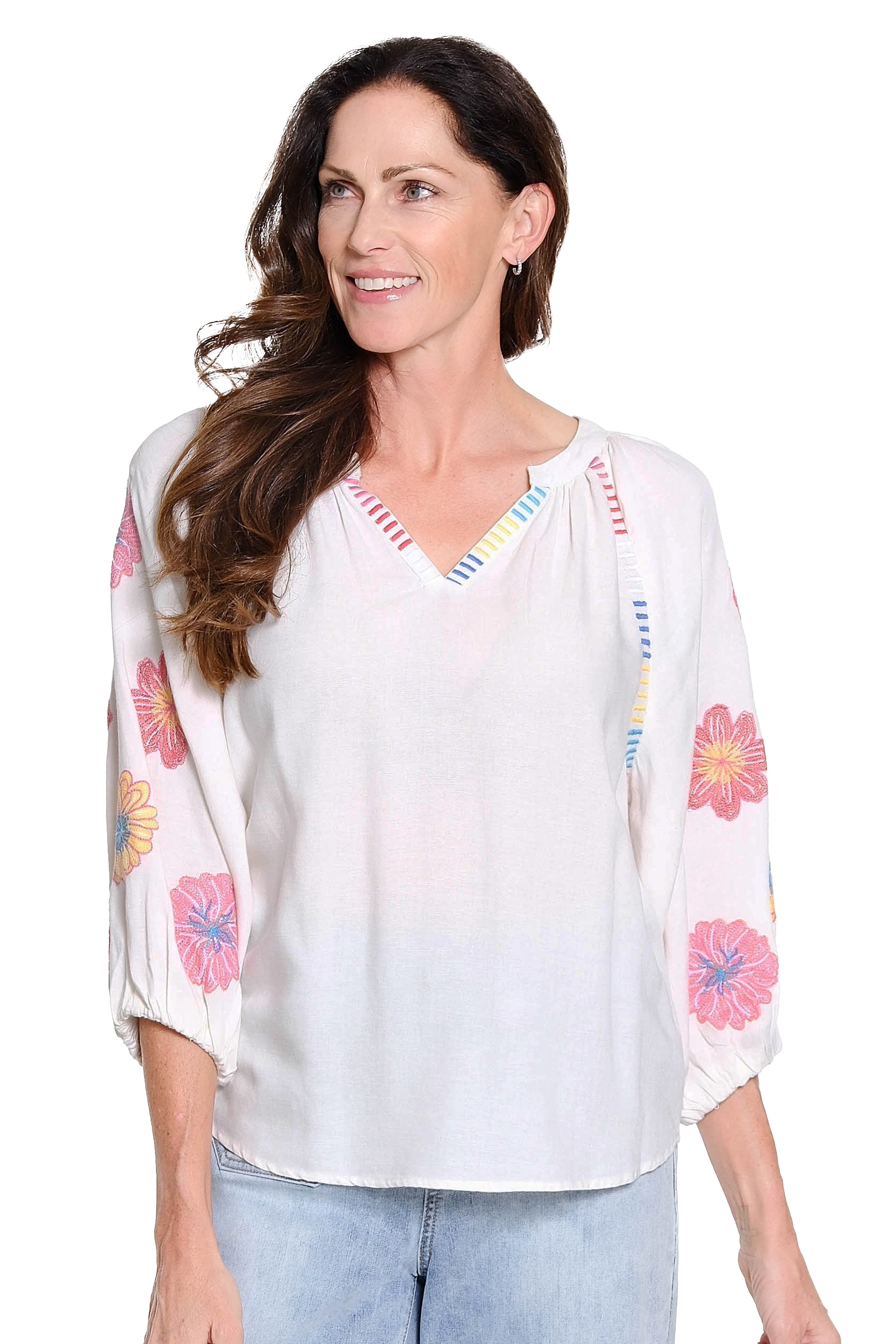 Embroidered Sleeve Split Neck Top - White