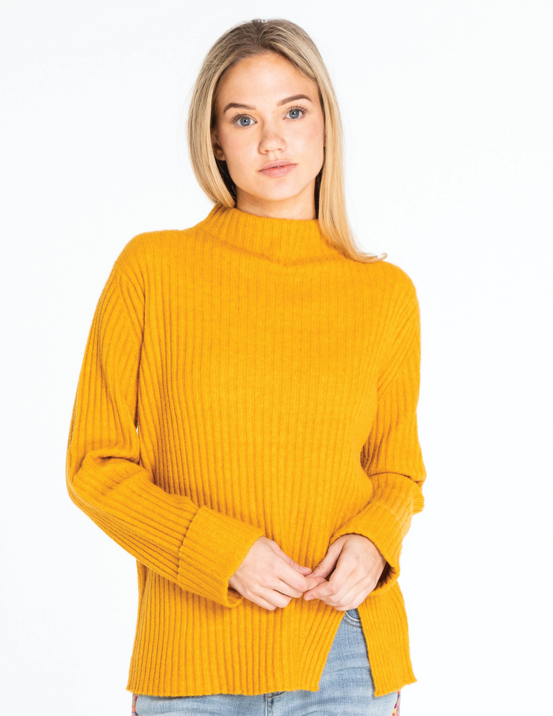 Mock Neck Ribbed Sweater - Gold