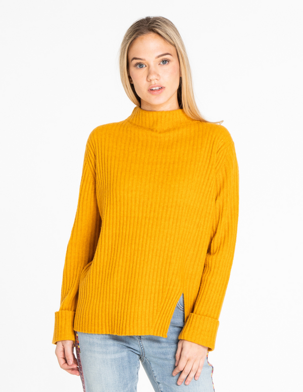 Mock Neck Ribbed Sweater - Gold