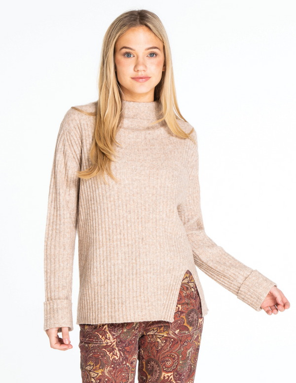 Mock Neck Ribbed Sweater - Natural